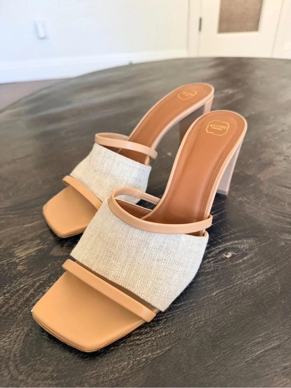 Malone Souliers Demi Linen & Tan Block Heel Mule Slide 42
